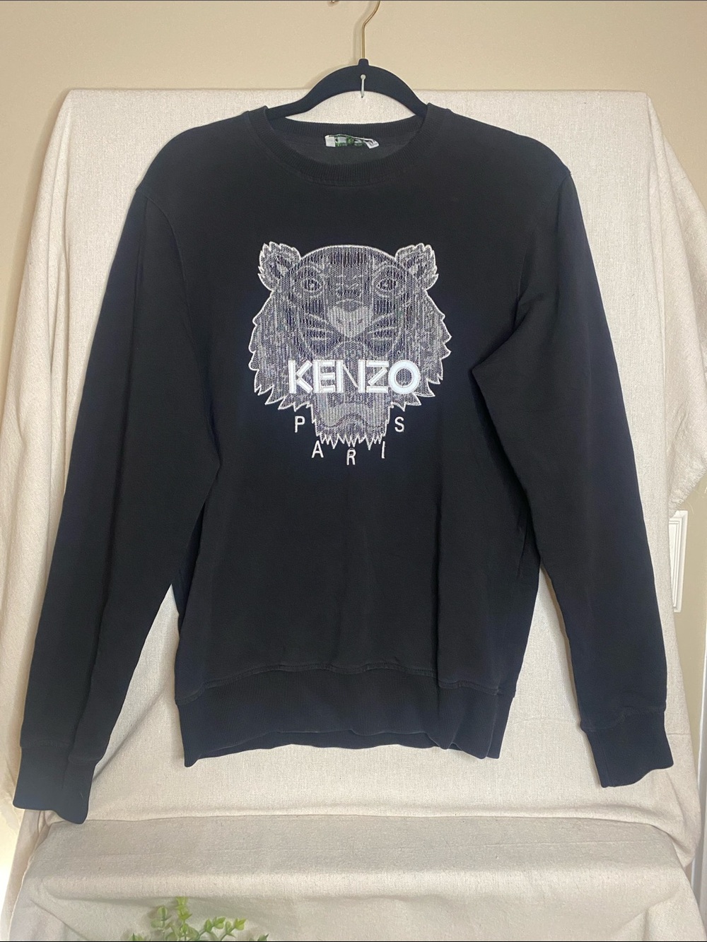 Kenzo Black Crewneck Sweatshirt with Embroidered Tiger, Size Medium